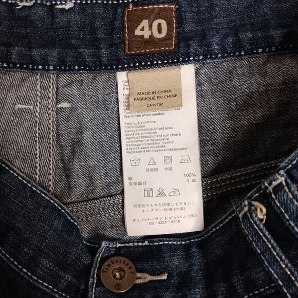 Timberland Denim Shorts Mens 39 Dark Wash Whiskered Baggy Y2K Embroidered - Picture 7 of 14
